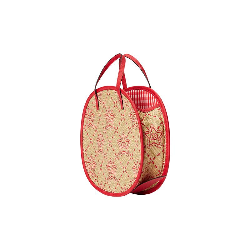 Gucci Star GG pattern herringbone raffia and leather handbag children's red/beige
