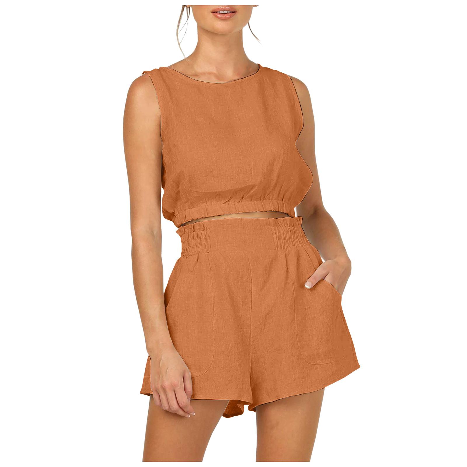 

Женский летний комплект из 2-х предметов: майка без рукавов с вырезом и шорты с высокой талией и карманами Mai XL имбирный