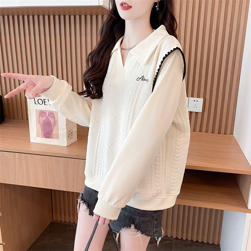 

Women s Patchwork Polo Collar Hoodie, Autumn/Winter 2025 - Plus Size Petite, Loose Fit Two-Piece Design L