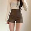 Women's Fall Winter High Waisted Bodycon Petite Slimming PU Leather Outer Wear Straight Leg Pants Skirt Pants Mini Shorts
