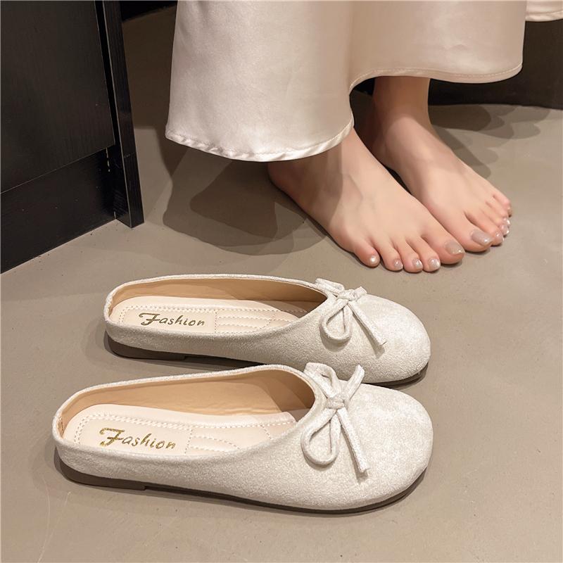 Fashion 35-43 Size Large Women's Shoes, Flat Bow Toe Toe Slippers, 2025 New French Anti-slip Outerwear Mules