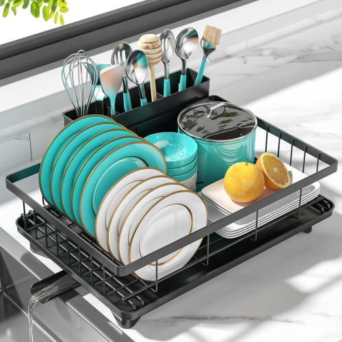 MERRYBOX Dish Drainer, Rust-Resistant, Automatic Draining, Kitchen Dish Drainer, Black, Washing Rack, Dish Drying Rack, Wide Leak-Proof Spout, Large 3