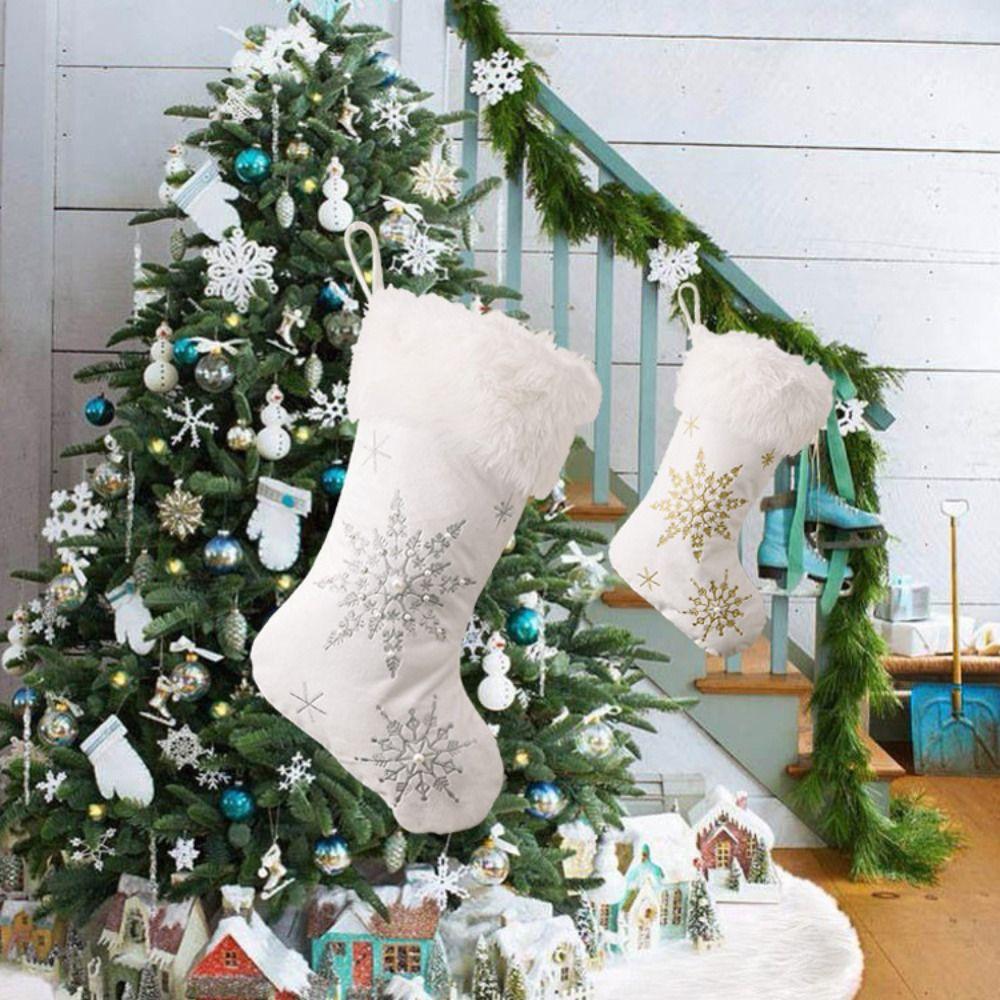 Sequined White Plush Christmas Stockings with Pearls Christmas Tree Hanging Ornament Kids