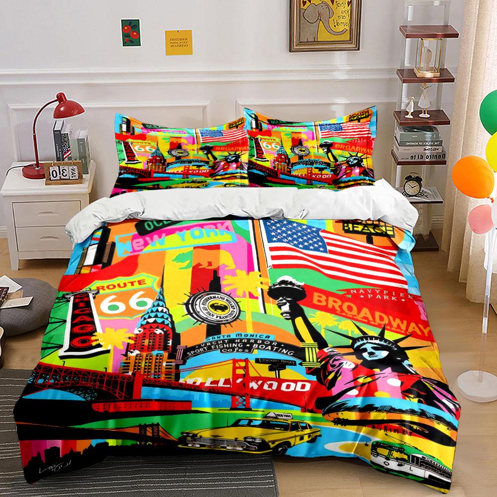 Colorful USA Cityscape Art Decor Bedding Set with 1 Duvet Cover 2 Pillowcases Single Double King Queen, Gift