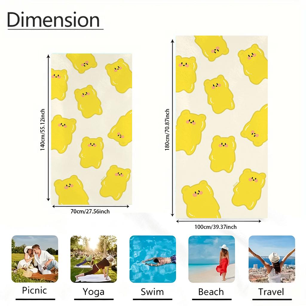 Cute Yellow Gummy Bear Beach Towel, Kawaii Cartoon Print Quick Dry Towel, for Swimming Pool, Travel, Camping and Daily Use