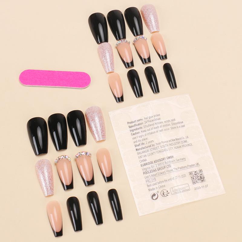 Top-Selling Rhinestone-Embellished French False Nail Tips, 24-Piece Set, European & American Style