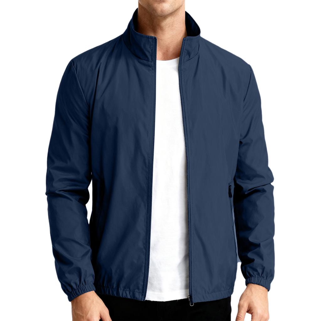 Lightweight Stand Collar Windbreaker Jacket for Men with Zipper Closure and Elastic Cuffs Casual Outerwear for Spring Fall