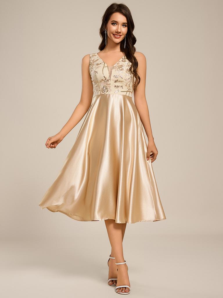 Ever-Pretty A-Linie Tiefer V-Ausschnitt Pailletten Satin Ärmellos Midi-Länge Hochzeitsgastkleid