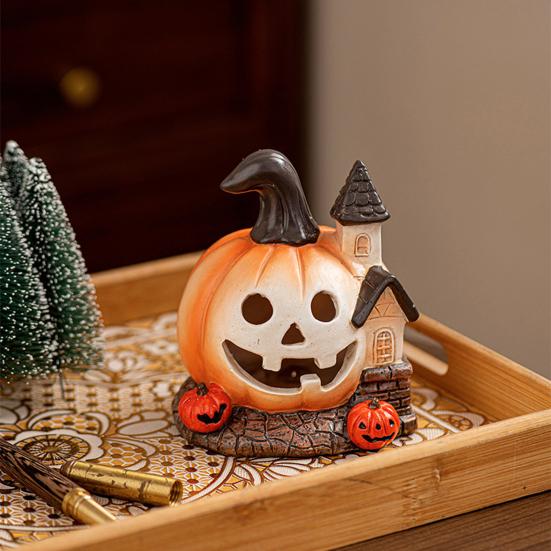 Yousheng Halloween Pumpkin Figurine Spooky Mini Pumpkin Castle Statue Resin Tabletop Ornament for Halloween Porch Mantel Table Decor