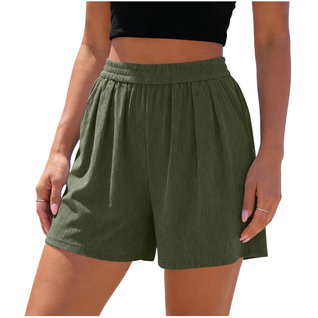 Ladies' Color Loose Linen Casual Pocket High Waisted Beach Shorts