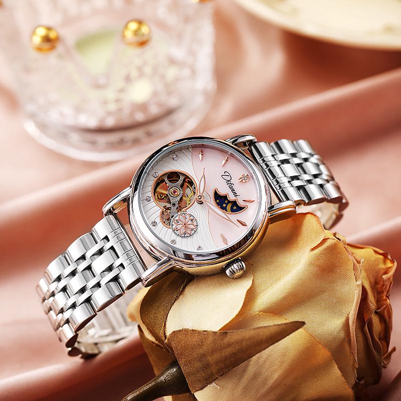 Genuine Automatic Mechanical Waterproof Watch for Women - Trendy Multi-Functional with Day, Date, Month, Year, and Starry Design.