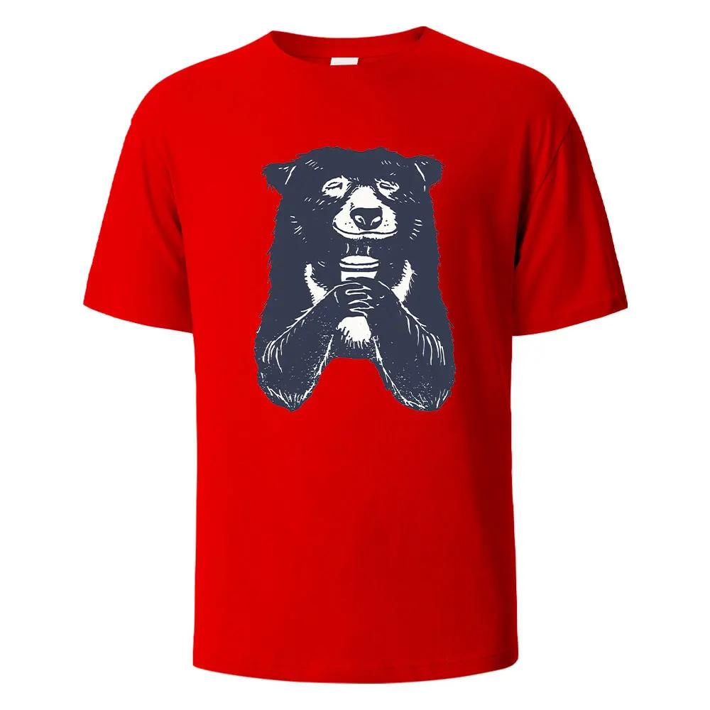 T-shirt à Imprimé Ours Buvant T-shirts d'Été Pour Hommes Femmes 100% Coton Col Rond Surdimensionné Décontracté Manches Courtes Streetwear Haut Basique