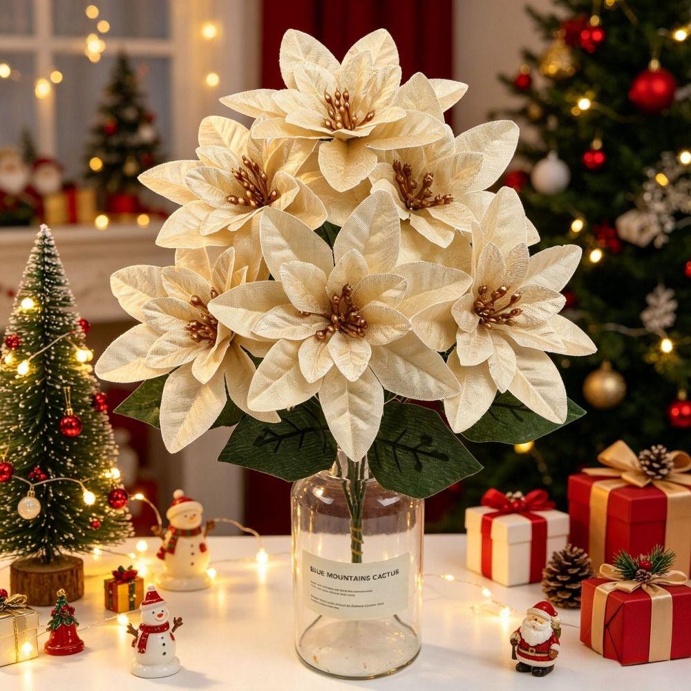 Red Color Christmas Flowers Bouquet Green Leaves Fake Flowers Decoration Christmas Tree Ornaments