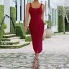 Damen Ärmelloses Geripptes Strick Maxikleid Sommer Bodycon Knopfleiste Lang Tankkleid Sexy Slim Fit Hoher Schlitz Büro Arbeitskleid