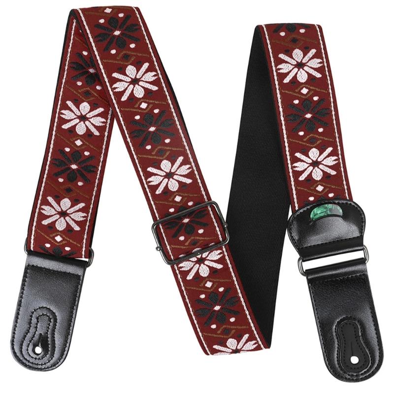 National Style Guitar Strap with Pick Pocket Adjustable Soft Cotton Shoulder Strap Leather Ends Guitar Straps