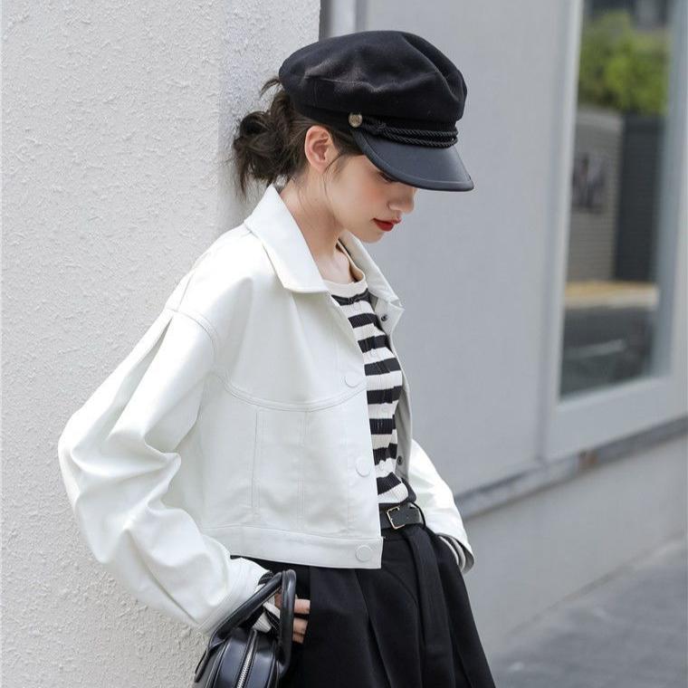 Módní volná dámská krátká bunda z umělé kůže - vintage kabát v korejském stylu