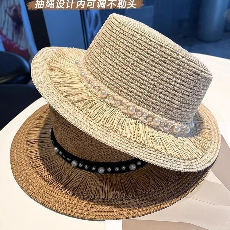 Spring and summer women's new outdoor sun hat big brim pearl flat top straw hat beach vacation sun protection straw hat