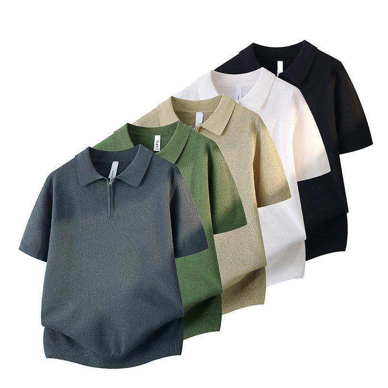 Solid Color Half Zipper Lapel Ice Silk Knitted Sweater POLO Shirt Men's Breathable Thin Short Sleeved T-shirt