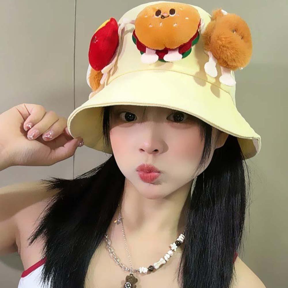 Breathable Sunscreen Basin Cap Adjustable Cartoon Sunshade Hat Cute Hamburger Fisherman Hat  Women