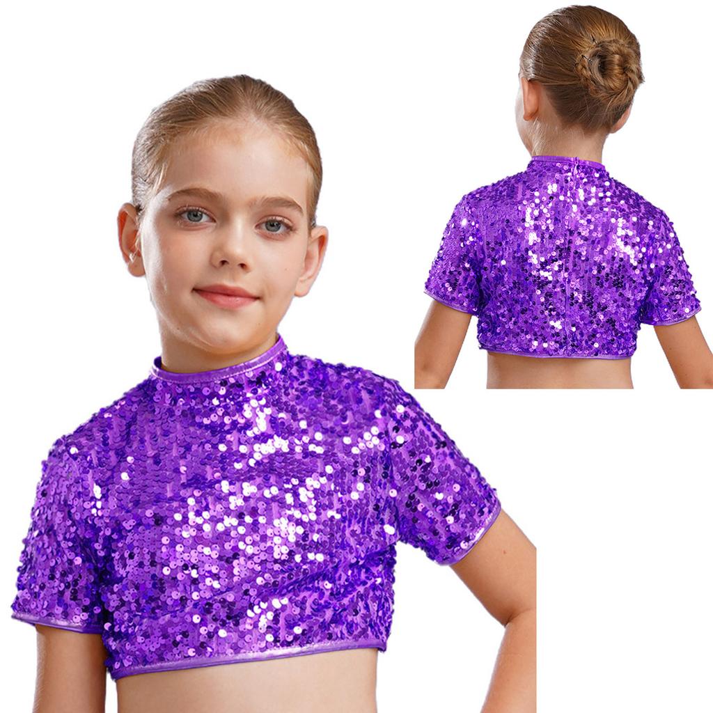 Fantasia de Performance de Cheerleading Jazz Dance para Meninas Gola Alta Manga Curta Brilhante Lantejoulas Top Cropped
