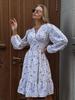 2025 Autumn V-Neck Ruched Print Long Dress with Bubble Sleeves