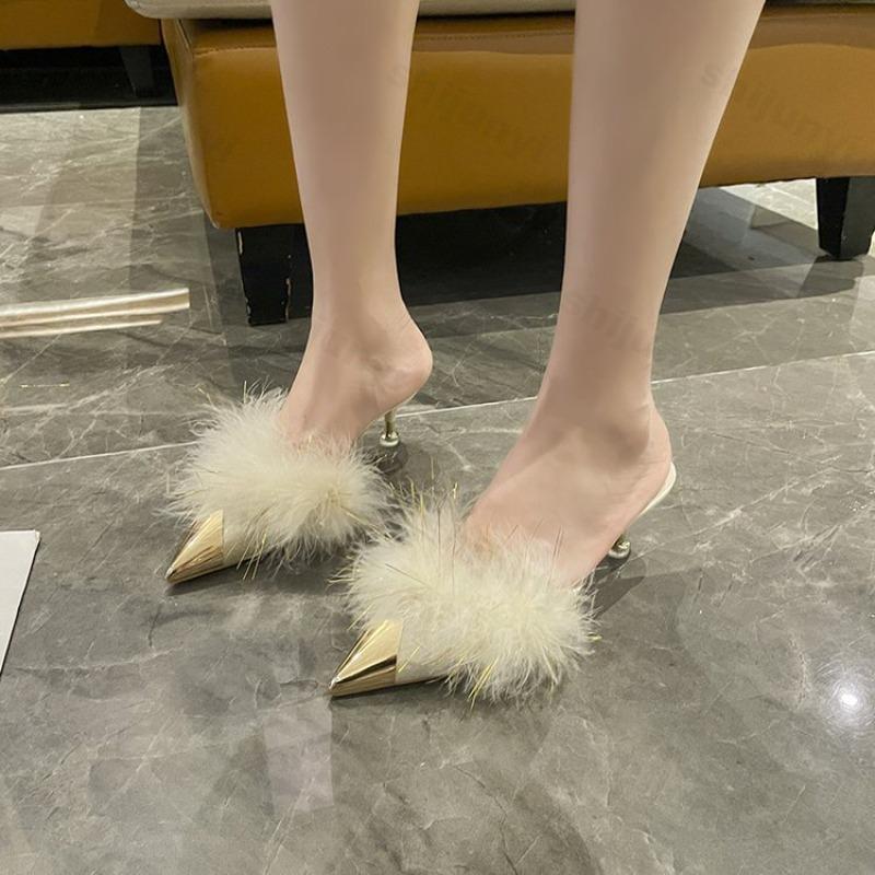 Fashion Fashion Pointed Head Hairy Thin Heel Half Slippers for Women 2025 Autumn Comfortable Versatile Elegant Casual High Heel Draggers