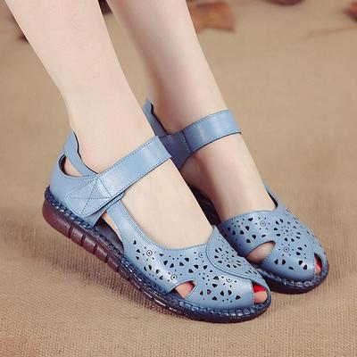 New Genuine Leather Summer Fish Mouth Women's Sandals Hollow Hole Soft Sole Mother Comfortable Flat Sole Breathable Women's Shoes Anti-slip