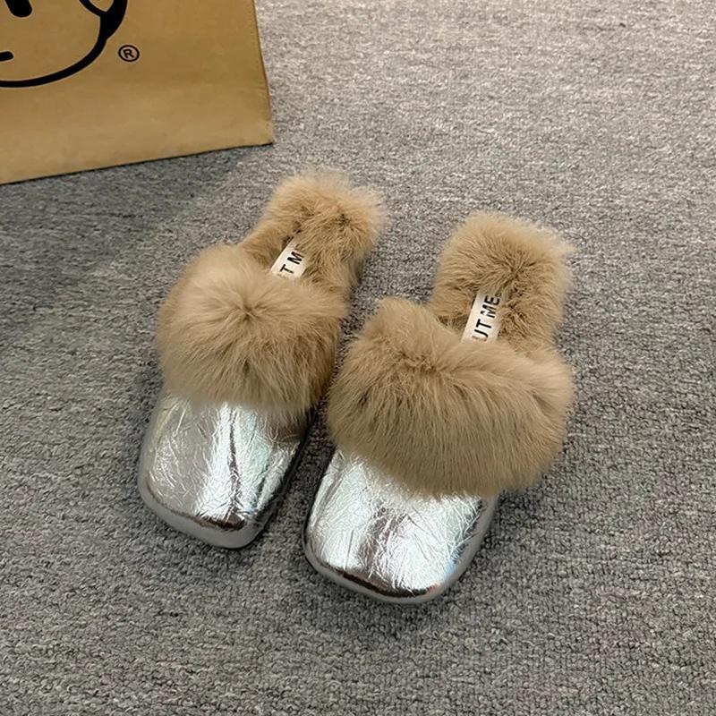 Fashion Women's Autumn/Winter Outdoor Wear New Style Flat Bottom Fur Slippers One Foot Drag No Heel Mule Fur Slippers Adult Simple