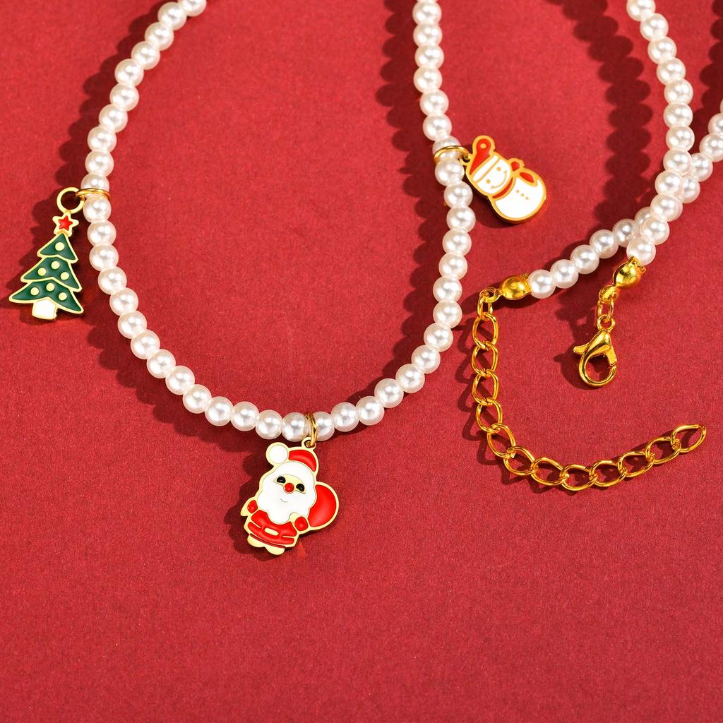 Christmas Tree Santa Snowman Pendant Necklace for Women Girl, Imitation Pearl Necklace, Stainless Steel Jewelry Festival Gift