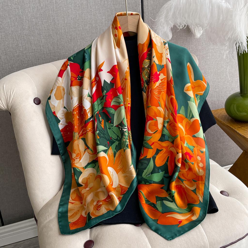 Luxury Silk Scarf For Women Hijab Bandana Fashion 90*90Cm Square Scarves Handkerchief Design Shawl Wraps Echarpe Foulard
