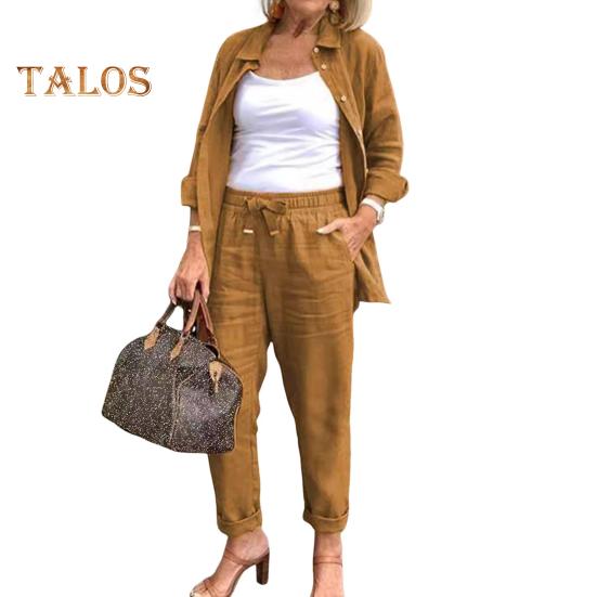 2 Pièces/ensemble Femmes Chemise Pantalon Ensemble Lâche Revers Simple Boutonnage Mi-long Manches Longues Chemisier Taille Haute Élastique Pantalon à Jambes Larges Vêtements Quotidiens