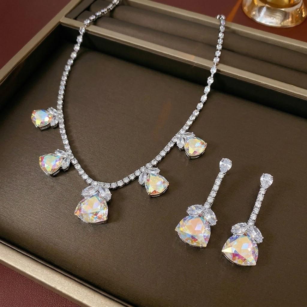 Cross-border Trendy Zircon Earrings & Colorful Floral Necklace Set