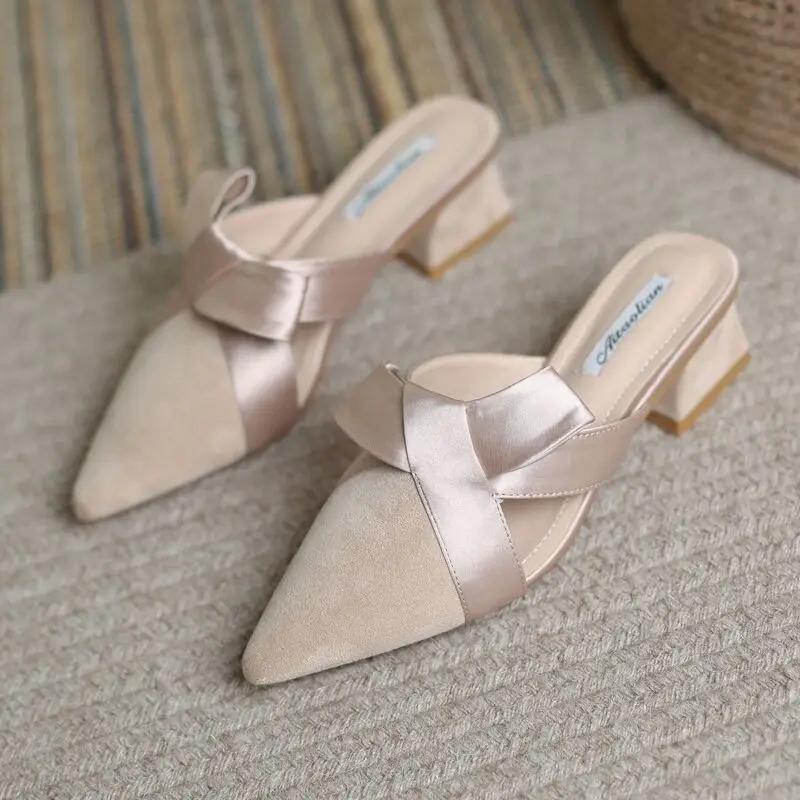 Fashion Slides Outside Shoes for Women Black Woman Slippers Pointed Toe Job Mules with Bow Heeled Sandals New Style Wholesale Trend B I