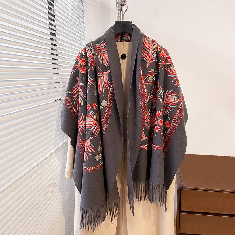 Winter Warm Cashmere Scarf for Women Floral Embroidery Pashmina Blanket Thick Shawl Wrap Neckerchief Elegant Poncho Bufanda