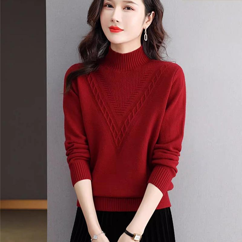 

Женский 2025 Осень Зима Новый Свободный Вязаный Свитер Универсальный Пуловер Базовая Рубашка OneSize красный