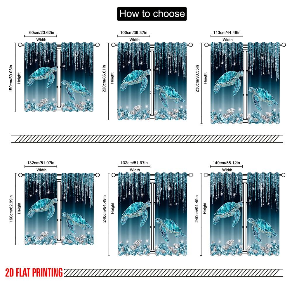 2pcs 2D Flat Printing Party Window Curtains Turquoise Turtle Diamond Sparkle Digital Printed Polyester Drapes Family Party for