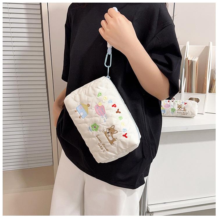 Ins Embroidery String Makeup Bag New Cute Cartoon Dot Flower Student Stationery Pencil Pouch Large Capacity Makeup Storage Bag
