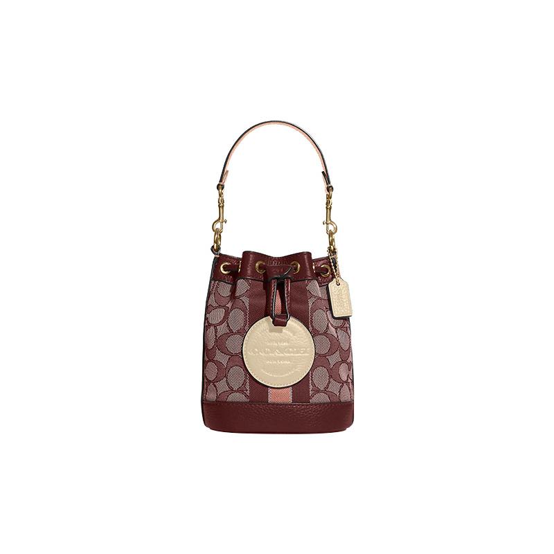 COACH Dempsey 14 Drawstring Closure Signature Jacquard and Fine Pebbled Leather Bucket Bag Handbag Shoulder Bag Crossbody Bag Mini Women’s Burgundy красный