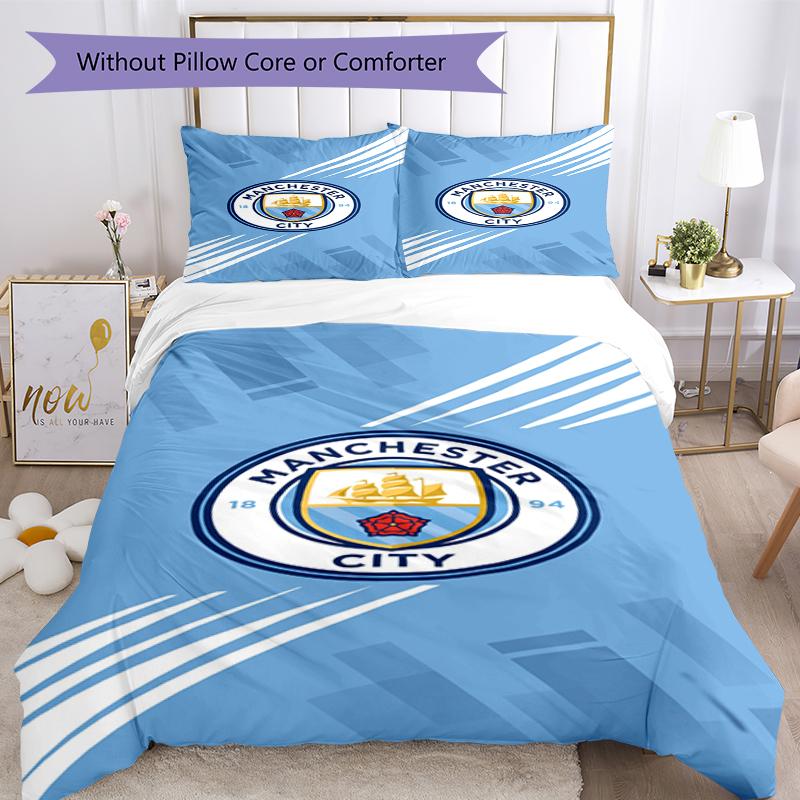 3pcs Manchester City Bedding Set Duvet Cover Closure Includes 1 Duvet Cover & 2 Pillowcases, Soft and Comfortable for All Seasons.
