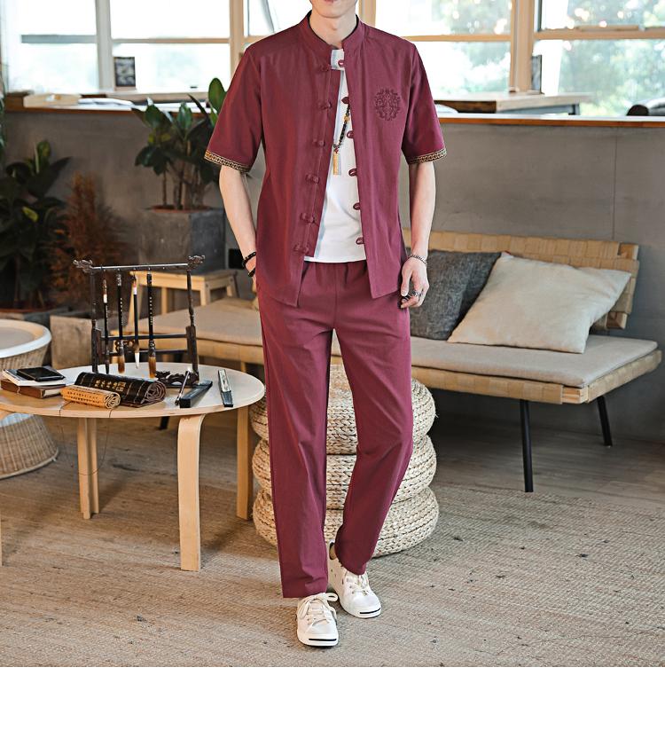 Mens Linen Sets Summer Men Streetwear Jogger Shirts+Long Pants Male Chinese Style 2 Pieces Hanfu Tracksuit Tang Suit