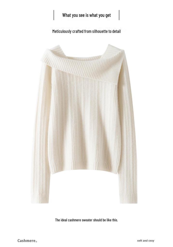 One-Shoulder Solid Color Cashmere Women's Ribbed Knit Sweater - Slimming Lazy Style for Autumn/Winter New Arrivals