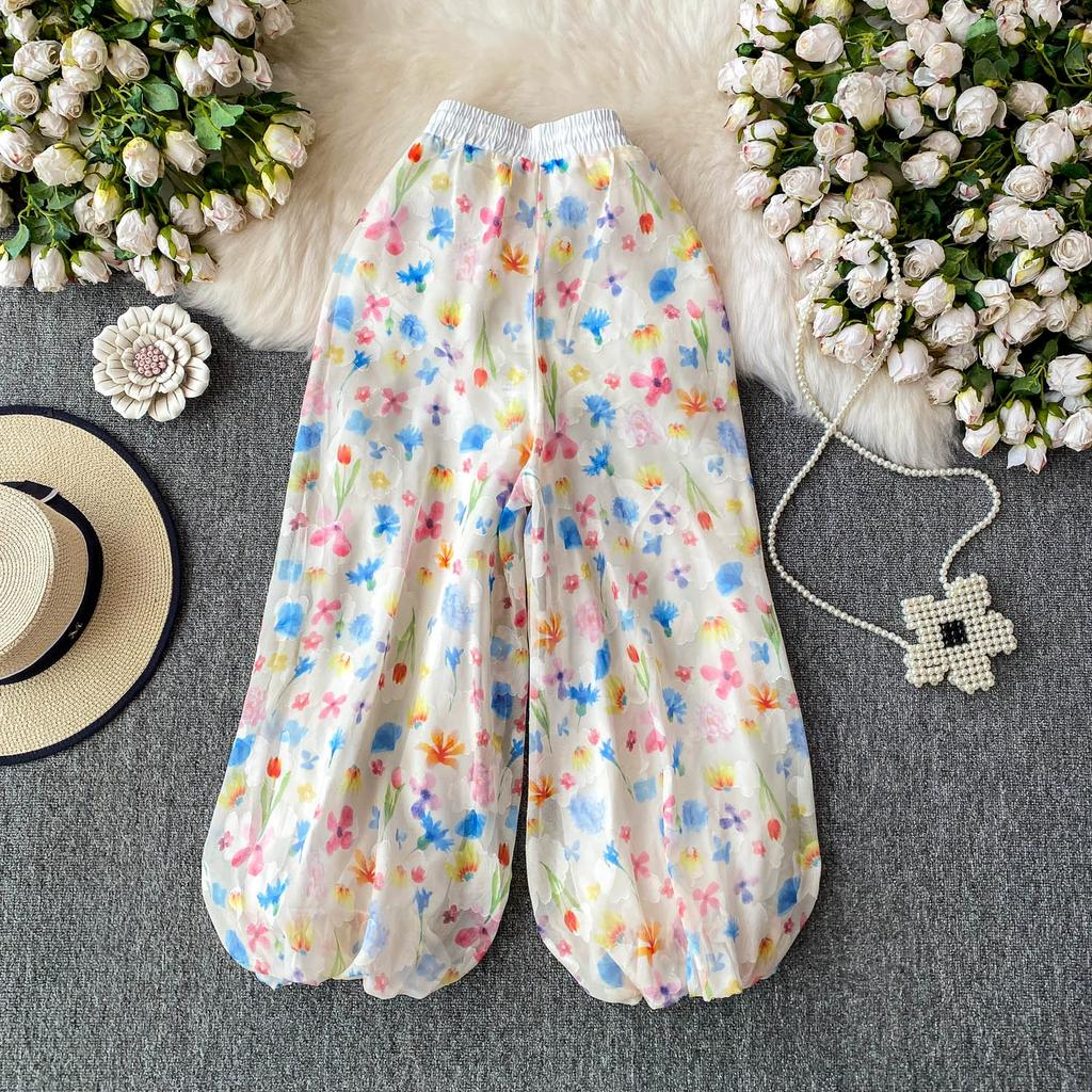 Summer Women Print Lace-up Ankle Length Bud Pants with Pocket