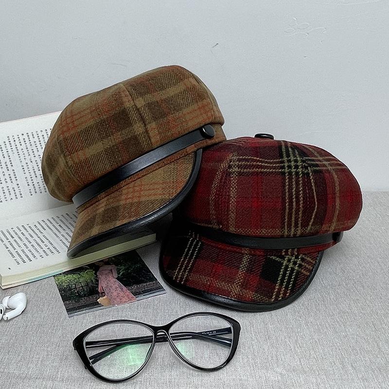 Britský osmiboký klobouk Dámská kostkovaná retro čepice s obličejem Malý baret Ztluštělý klobouk pro novináře