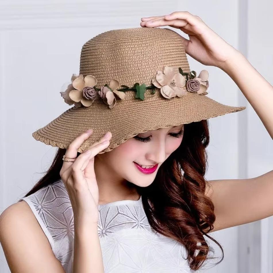 1 Pcs Wreath StrawHat Summer Sun Ladies Elegant Hat Female Vintage Hats Straw Beach Hat Flower String Woman Sunshade Caps