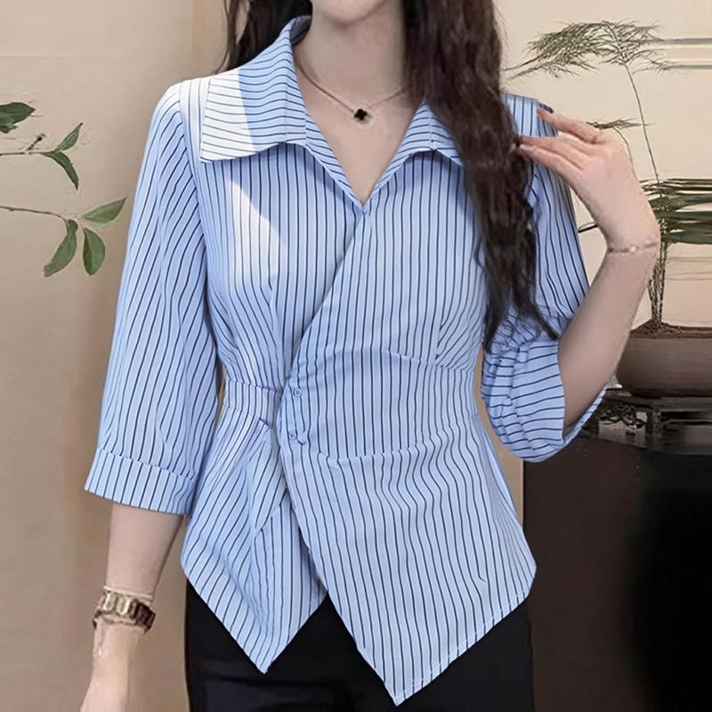 

ZANZEA Women Casual Turn Down Collar 3/4 Sleeve Slim Stripe Blouse 5XL