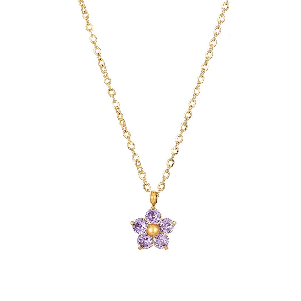 Fashion Sweet Non-tarnish 18K Gold Plated Stainless Steel Cute Zircon Flower Pendant Necklace for Women Girls Daily Gift