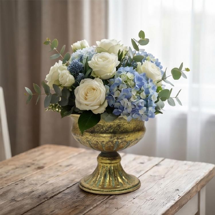 Spacious Wide Antique Metal Planter Small Urn Flower Pot Pedestal Vases For Florals Arrangements And Decors Gift