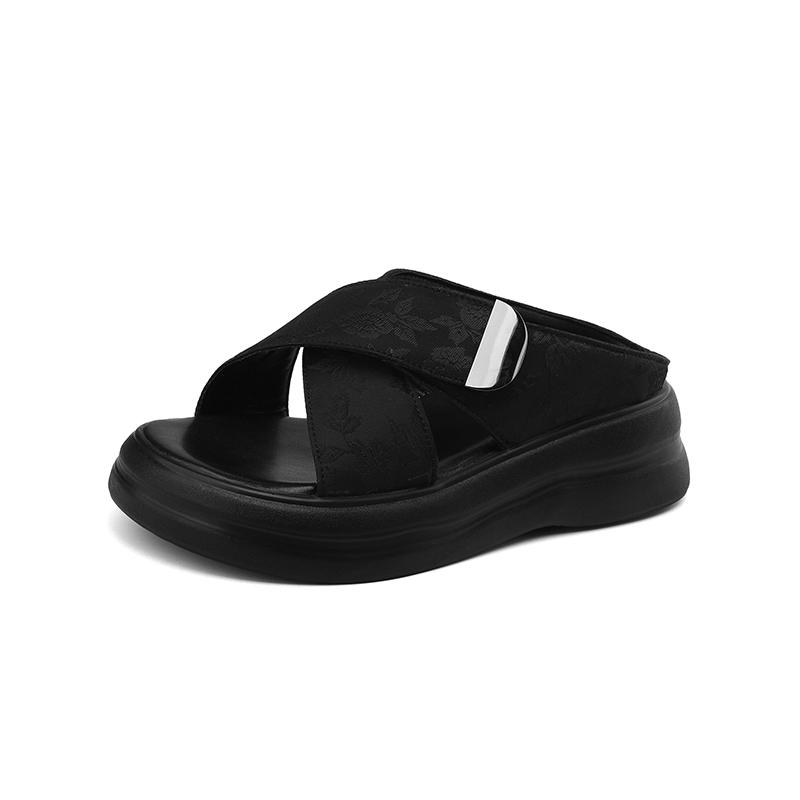 

Модные женские новые весенне-летние сандалии с круглым носком, перекрестным толстым дном, на липучке, удобные, на высоком каблуке, с большим открытым носком 43 чёрный