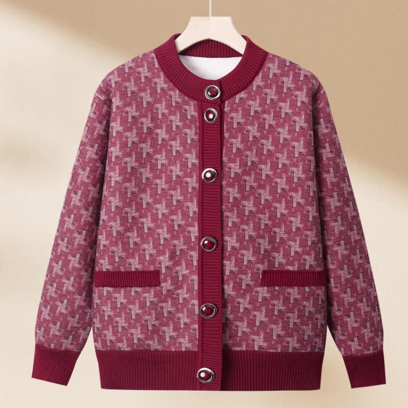Mom Winter Knitted Sweater Medium and Old Women's Cardigan Winter Top Elderly Grandma Pocket Casual Sweater