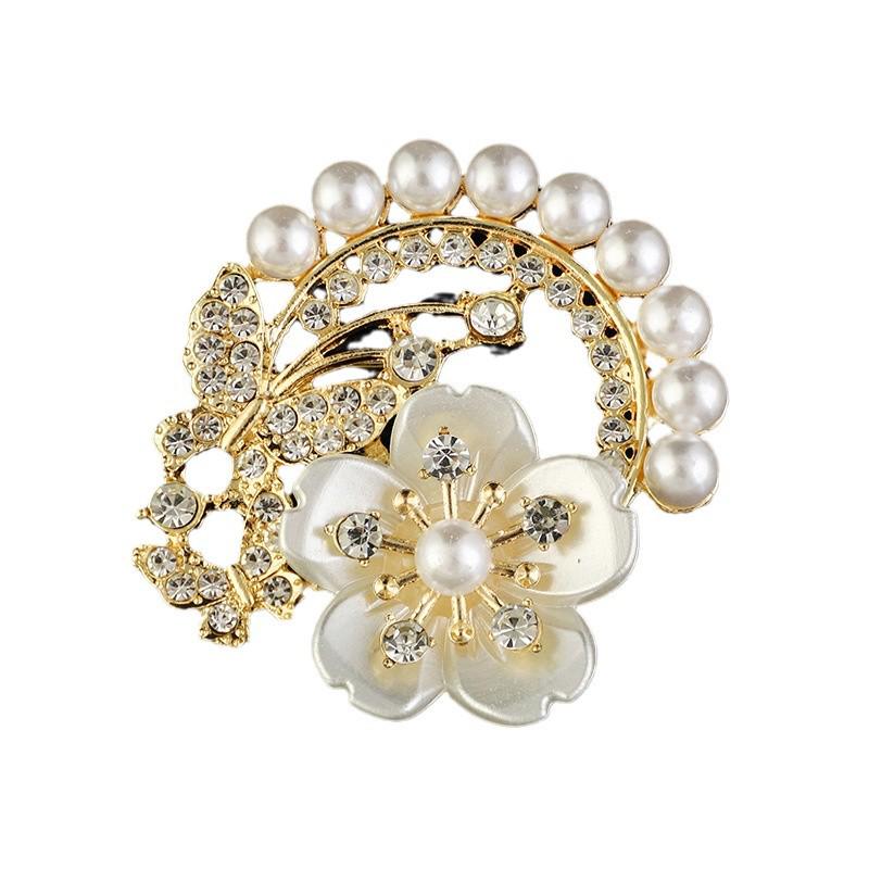 Koreańska Moda Broszka Kwiat z Cyrkoniami i Perłą - Wszechstronna Retro Przypinka na Płaszcze